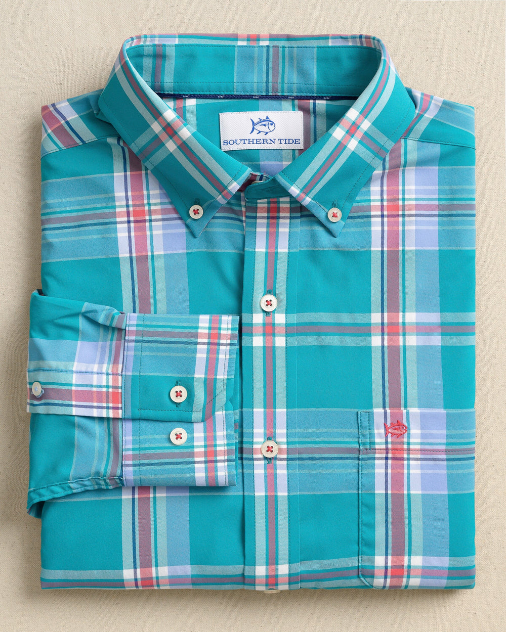 The front view of the Southern Tide Greenview Plaid Intercoastal Long Sleeve Sport Shirt by Southern Tide - Spruce Shade