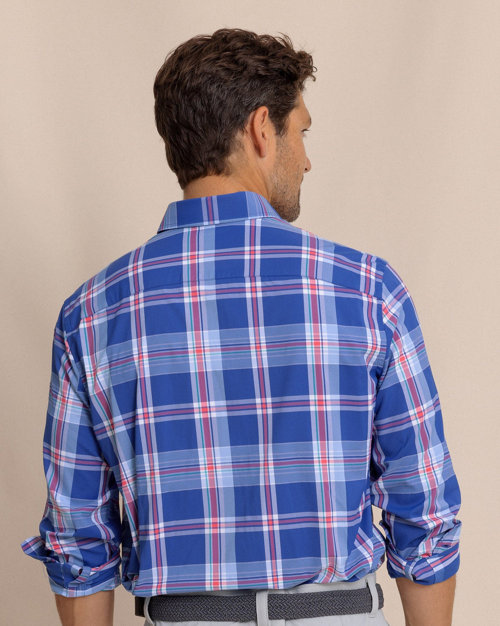 The back view of the Southern Tide Greenview Plaid Intercoastal Long Sleeve Sport Shirt by Southern Tide - Surf Blue