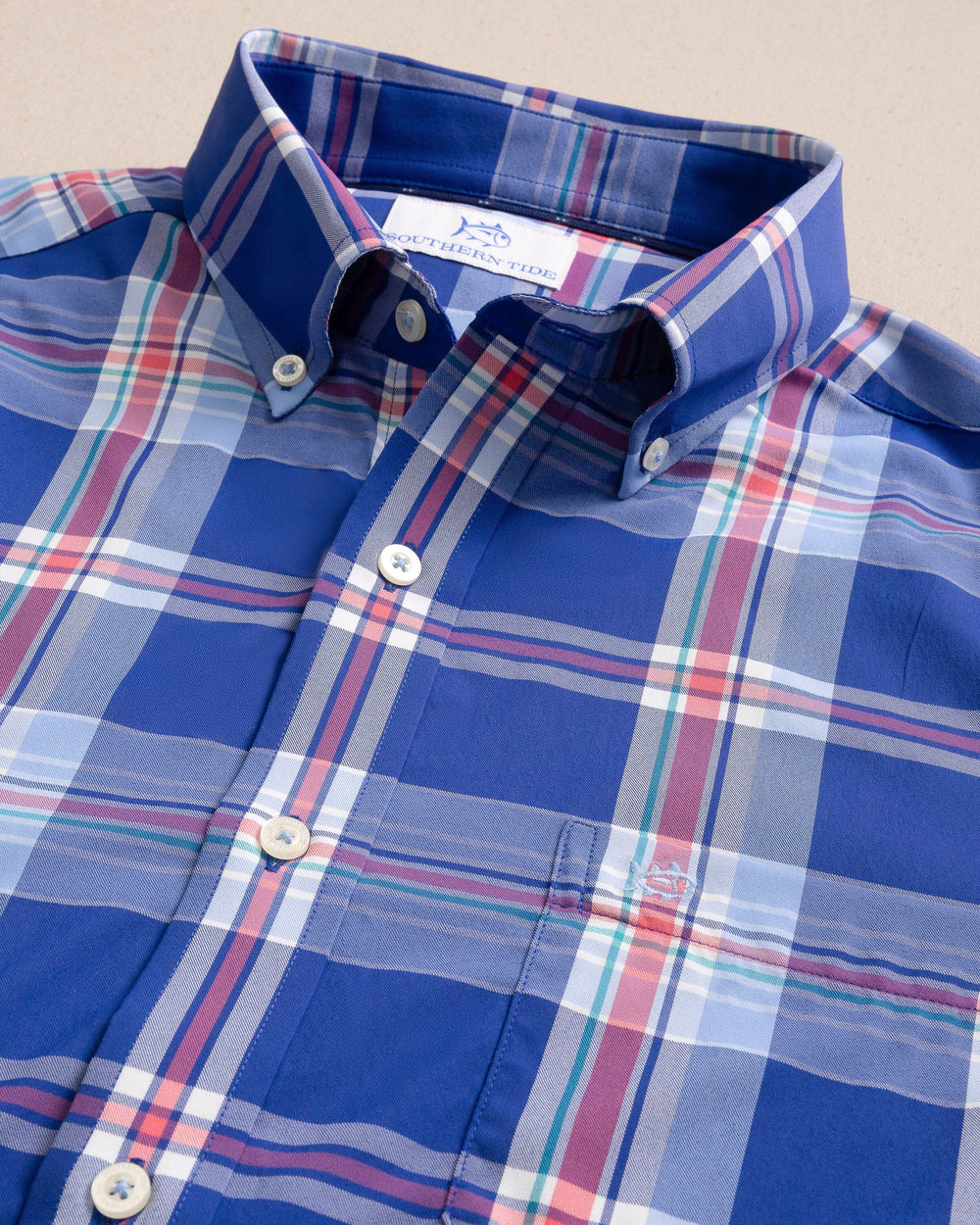 The detail view of the Southern Tide Greenview Plaid Intercoastal Long Sleeve Sport Shirt by Southern Tide - Surf Blue