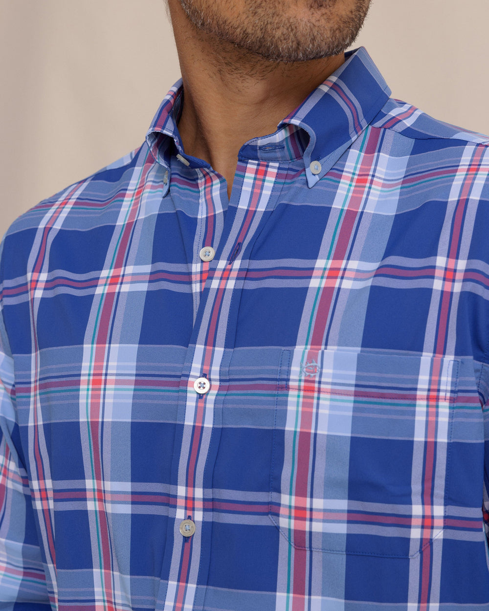 The detail view of the Southern Tide Greenview Plaid Intercoastal Long Sleeve Sport Shirt by Southern Tide - Surf Blue