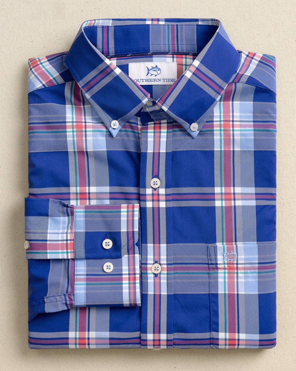 The front view of the Southern Tide Greenview Plaid Intercoastal Long Sleeve Sport Shirt by Southern Tide - Surf Blue