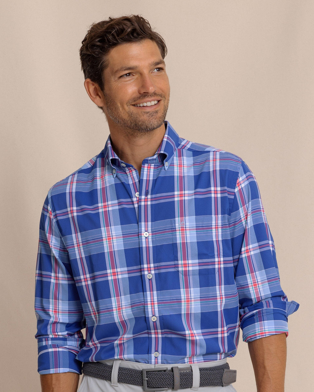 The front view of the Southern Tide Greenview Plaid Intercoastal Long Sleeve Sport Shirt by Southern Tide - Surf Blue