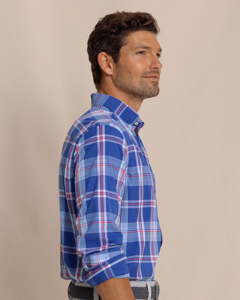 The side view of the Southern Tide Greenview Plaid Intercoastal Long Sleeve Sport Shirt by Southern Tide - Surf Blue