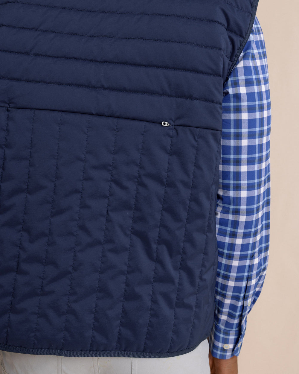 The detail view of the Southern Tide Greenwood Packable Quilted Vest by Southern Tide - Dress Blue