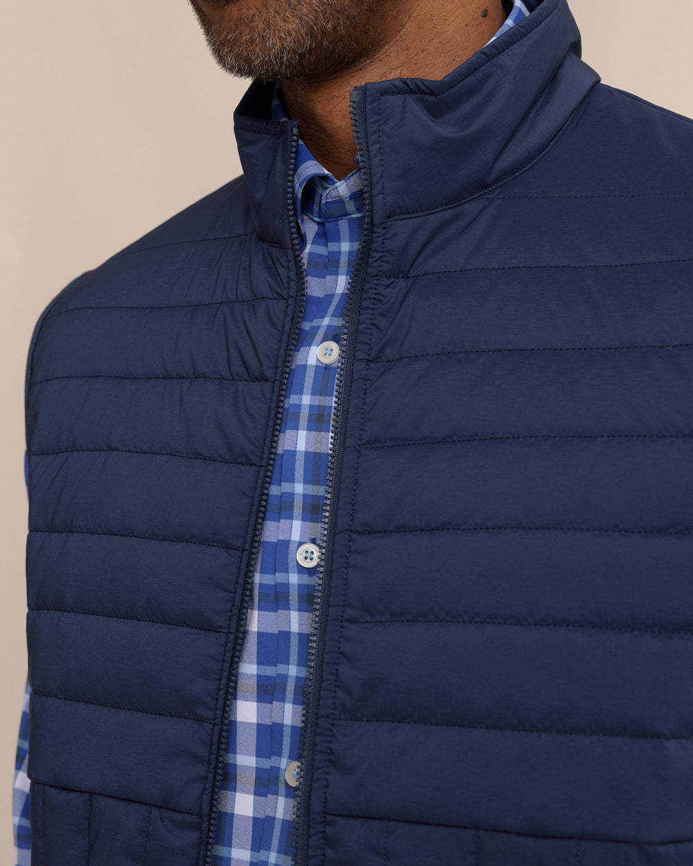 The detail view of the Southern Tide Greenwood Packable Quilted Vest by Southern Tide - Dress Blue
