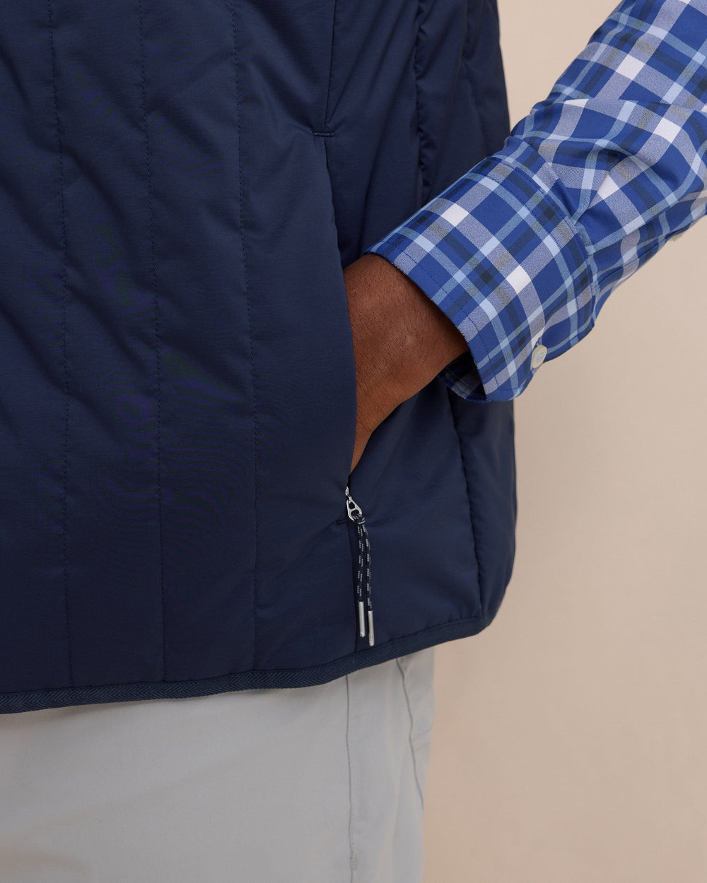 The detail view of the Southern Tide Greenwood Packable Quilted Vest by Southern Tide - Dress Blue