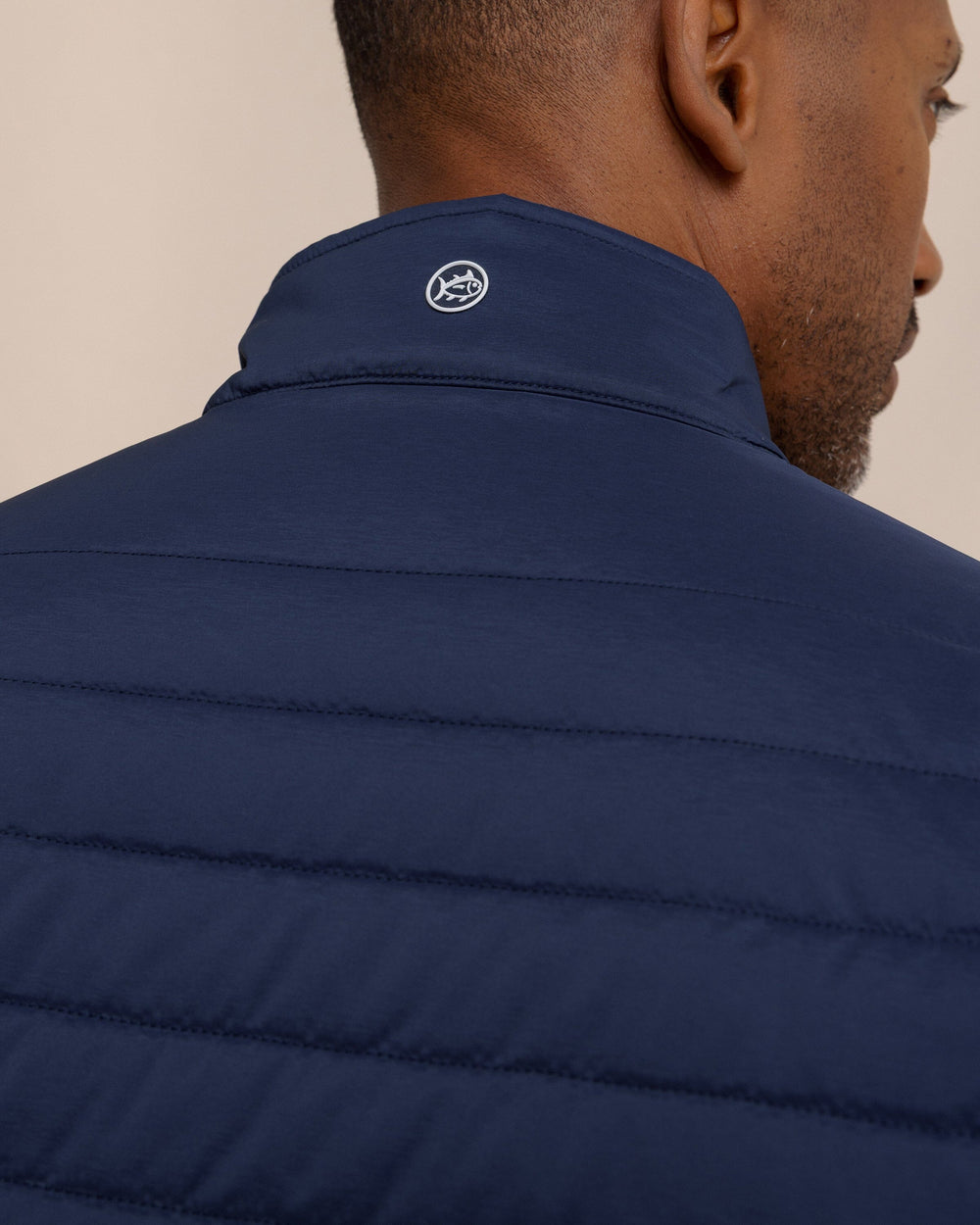 The detail view of the Southern Tide Greenwood Packable Quilted Vest by Southern Tide - Dress Blue
