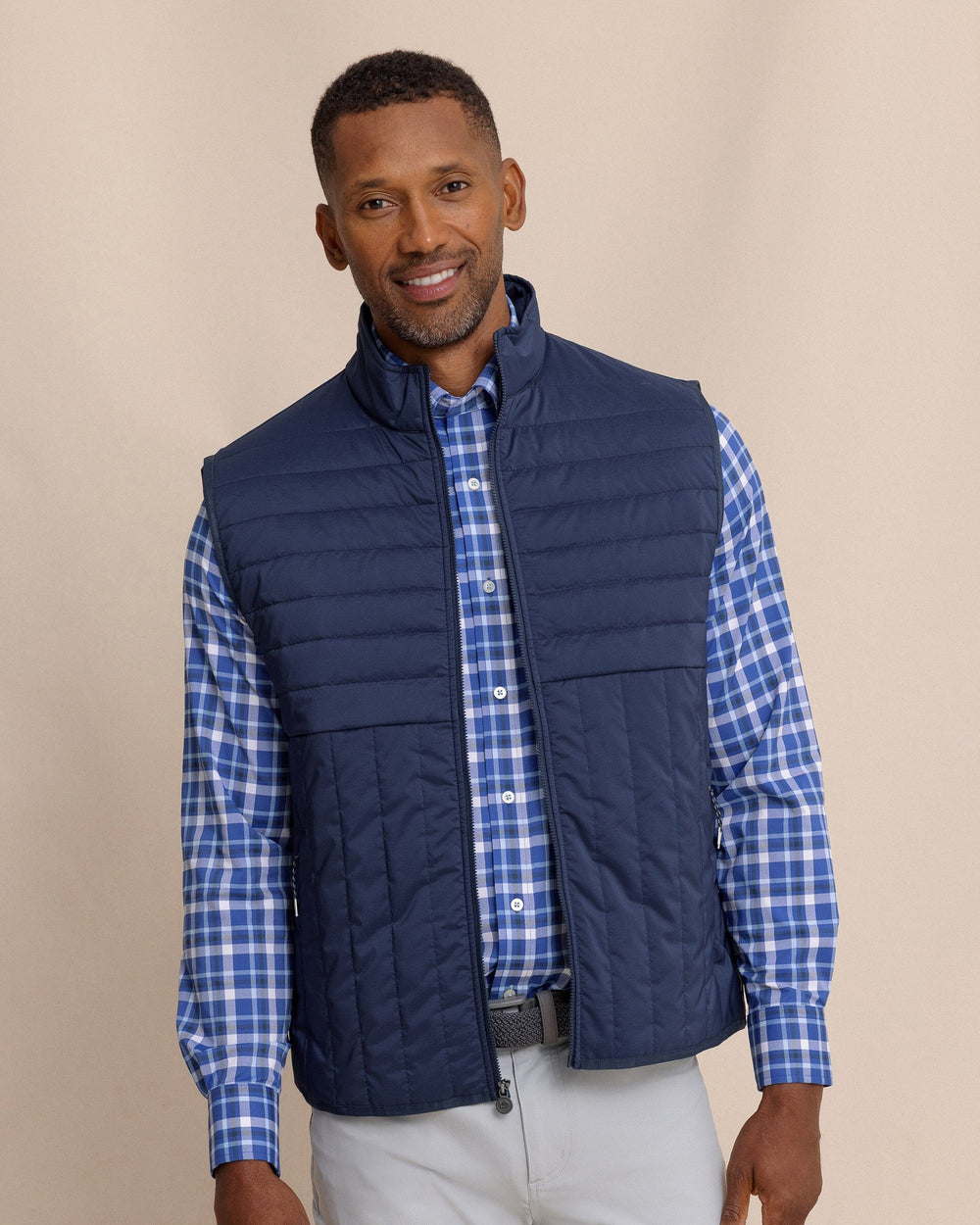 The front view of the Southern Tide Greenwood Packable Quilted Vest by Southern Tide - Dress Blue