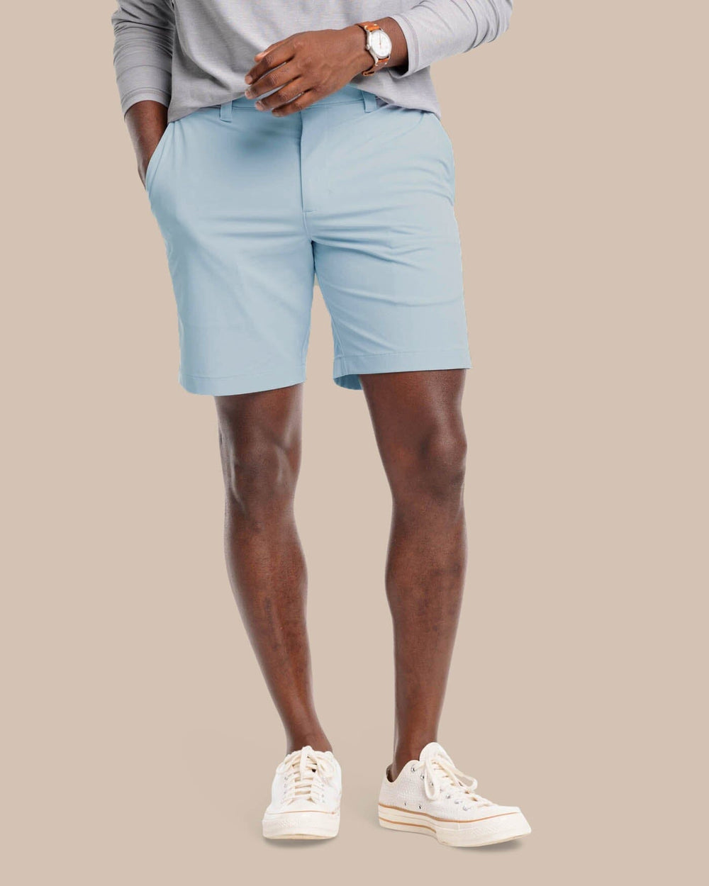 The front view of the Southern Tide gulf 8 inch brrr die performance short by Southern Tide - Fog