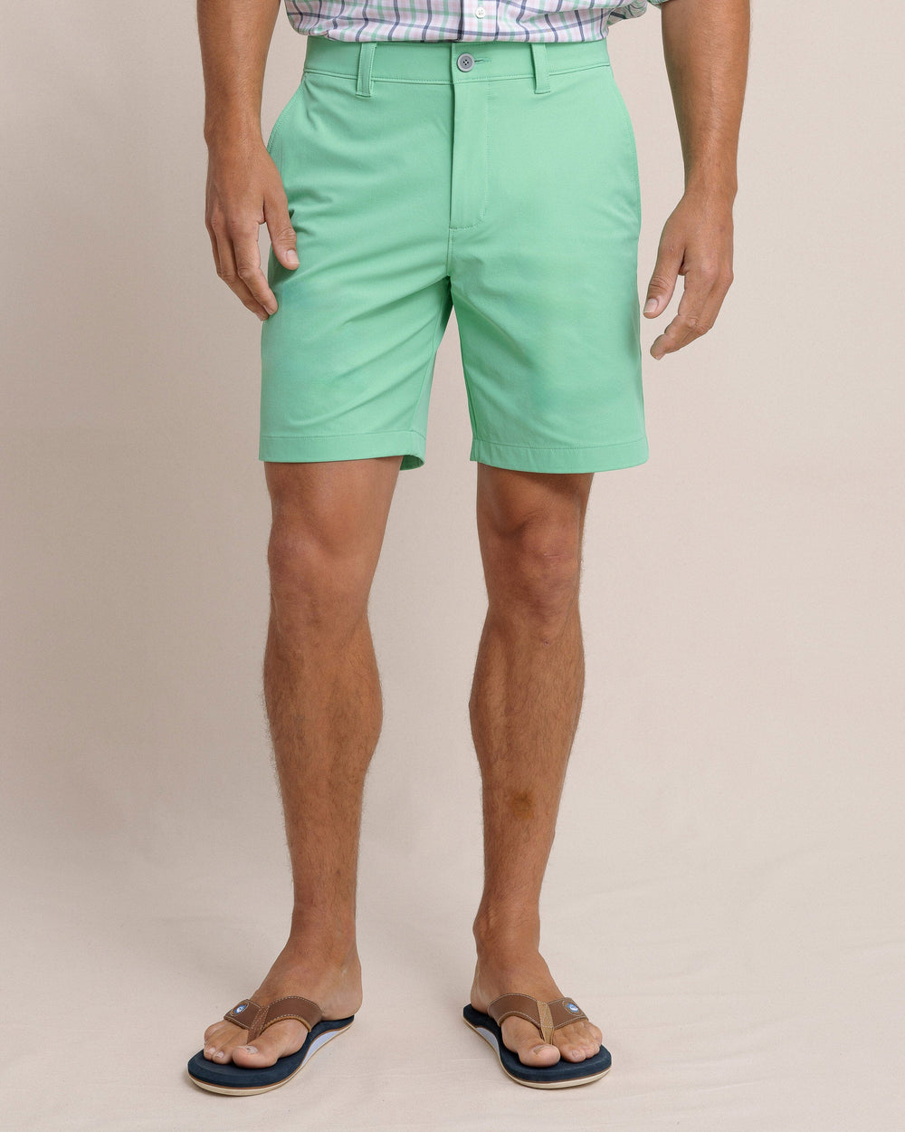 The front view of the Southern Tide brrr-die 8in Performance Short by Southern Tide - Jade Green