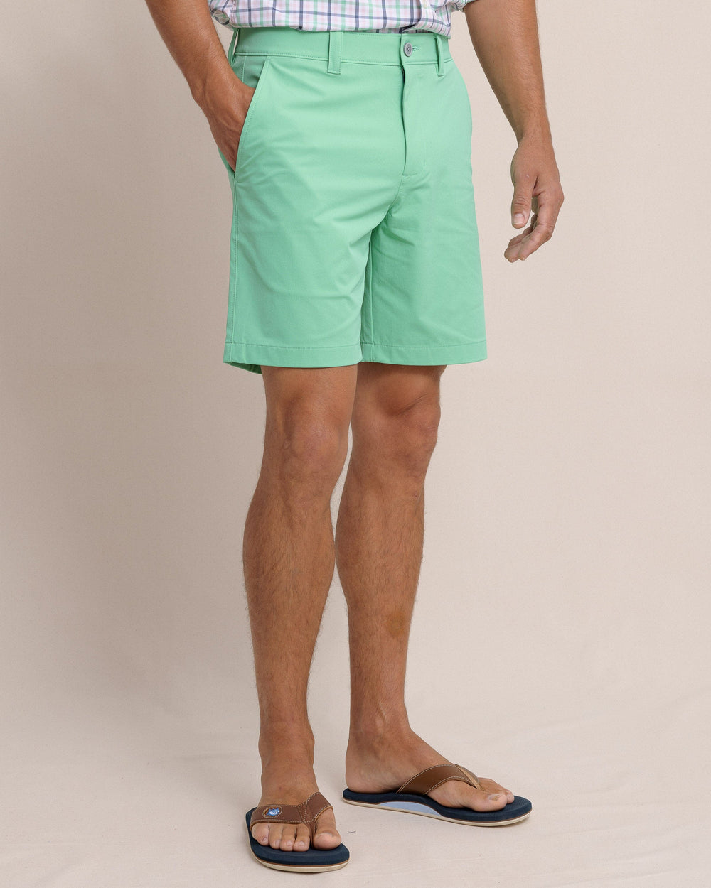 The front side view of the Southern Tide brrr-die 8in Performance Short by Southern Tide - Jade Green