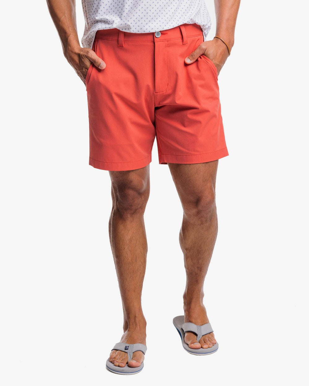 The front view of the Southern Tide brrr°®-die 8 Inch Performance Short by Southern Tide - Mineral Red