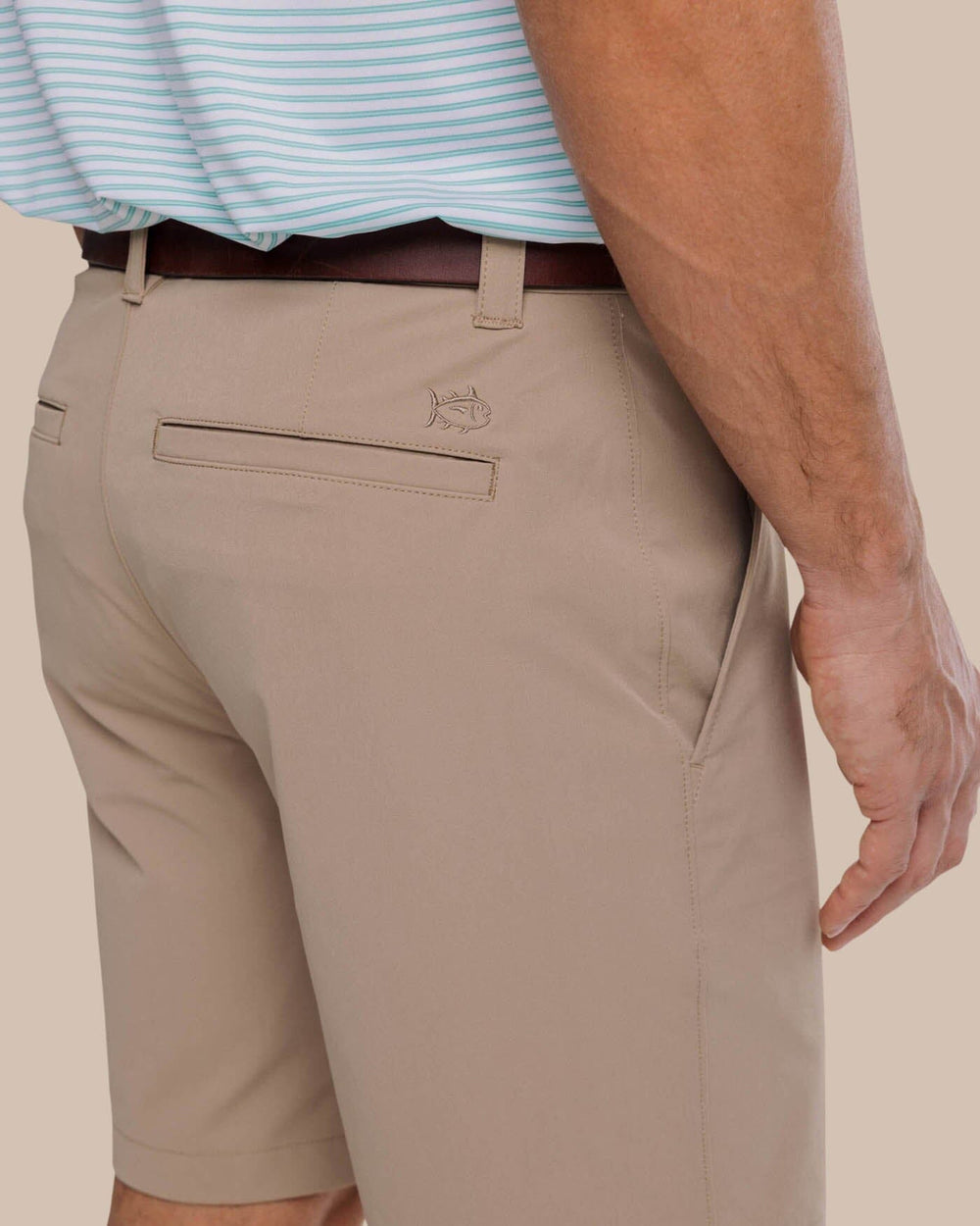 The detail view of the Southern Tide brrr die performance short 1 by Southern Tide - Sandstone Khaki