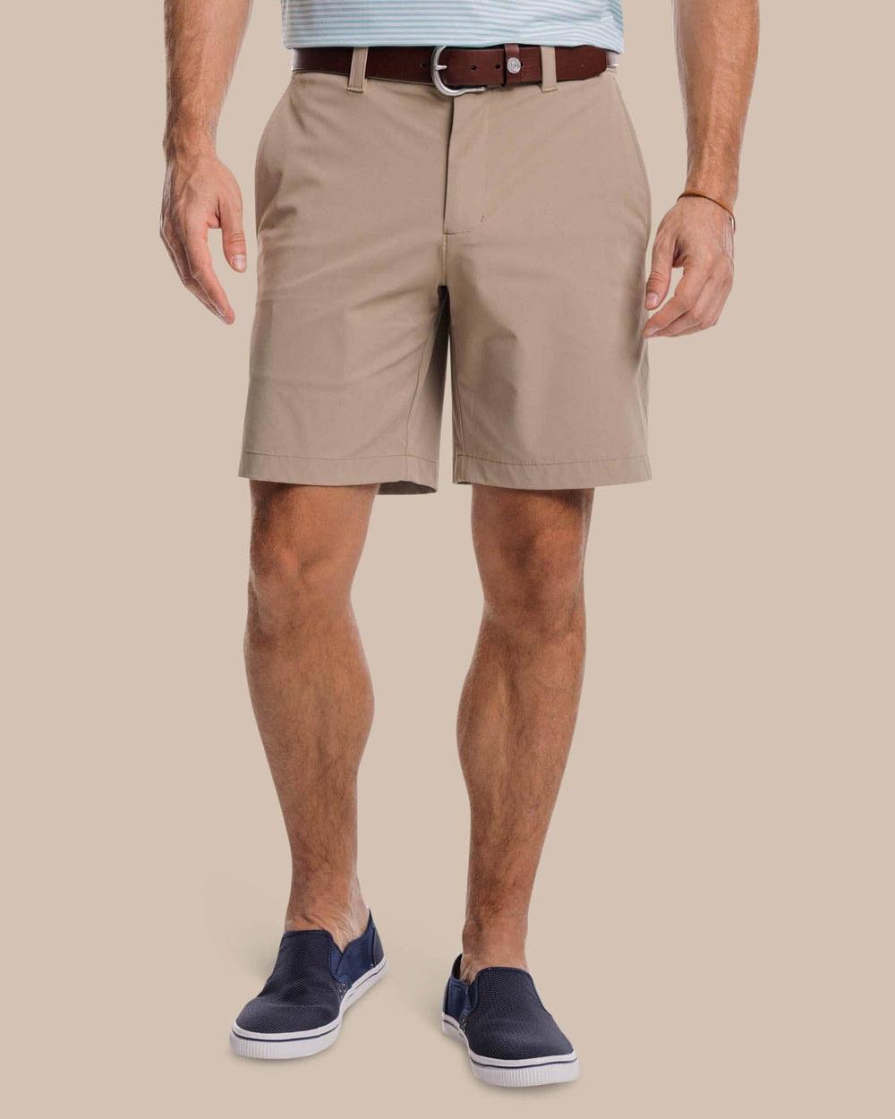 The front view of the Southern Tide brrr die performance short 1 by Southern Tide - Sandstone Khaki