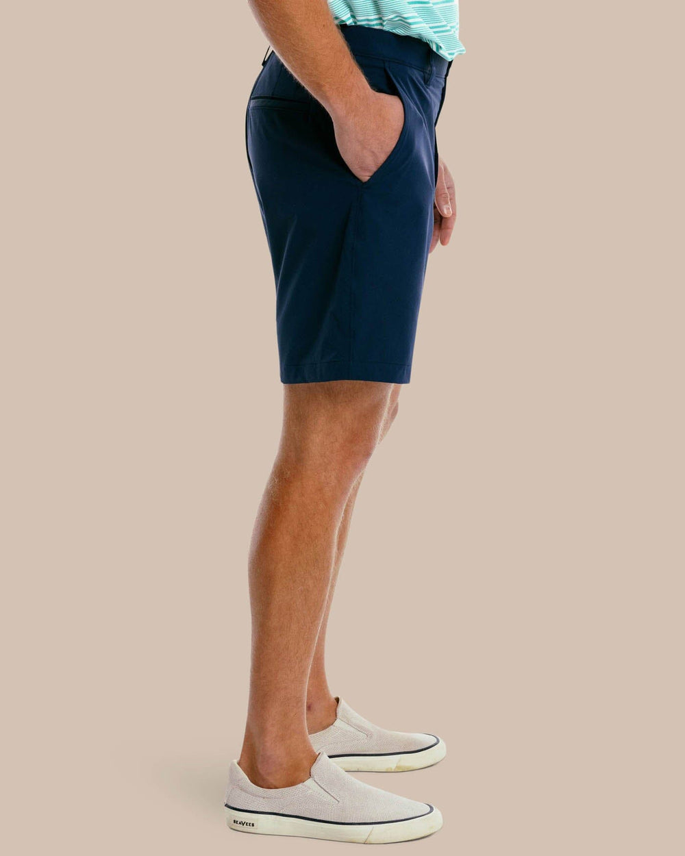 The side of the Men's Gulf 8 Inch Brrr Performance Short by Southern Tide - True Navy