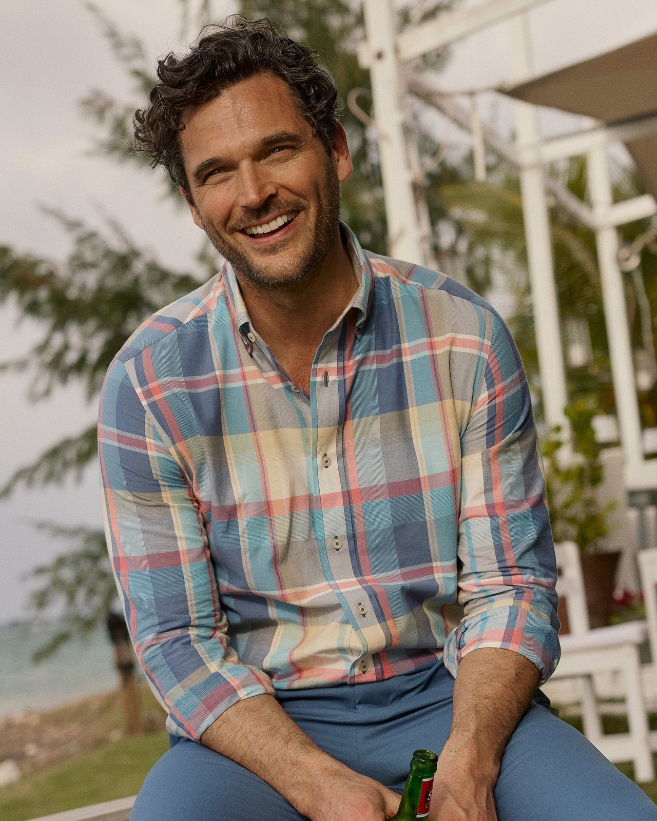 The lifestyle view of the Southern Tide Gulf Breeze Madras Plaid Long Sleeve Sport Shirt by Southern Tide - Light Indigo