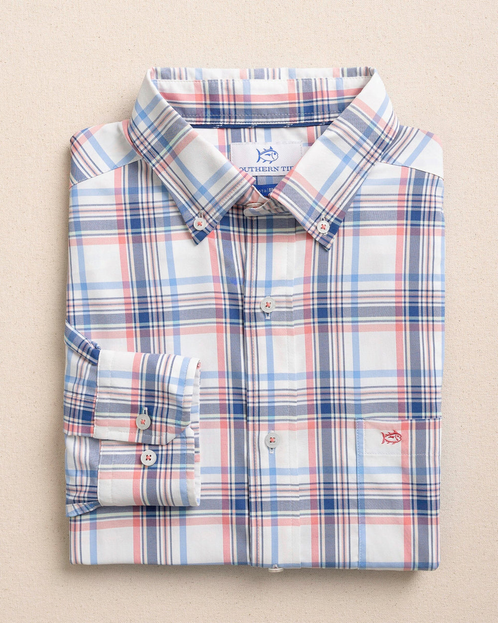 The front view of the Southern Tide Gulf Haven Coastal Breeze® Sport Shirt by Southern Tide - Coral Beach