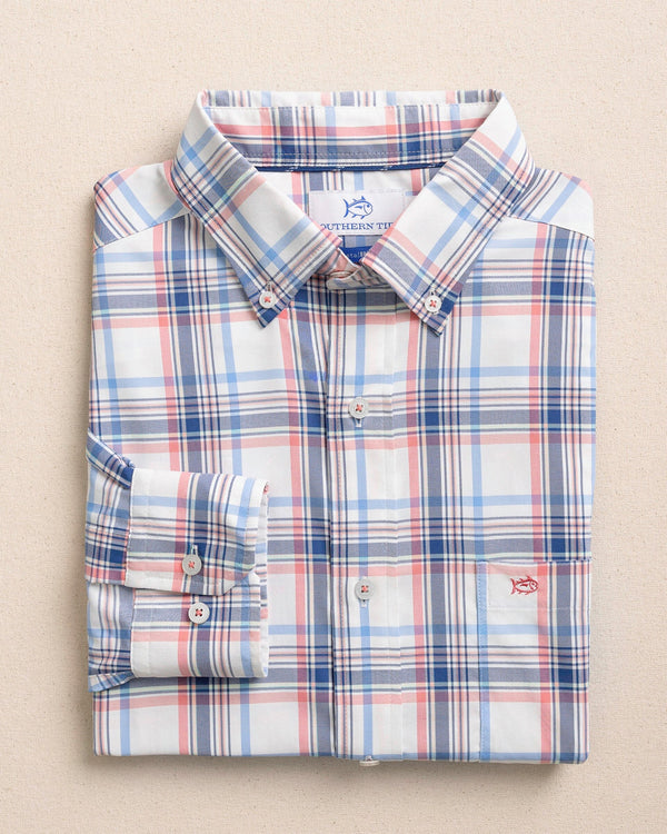 The front view of the Southern Tide Gulf Haven Coastal Breeze® Sport Shirt by Southern Tide - Coral Beach