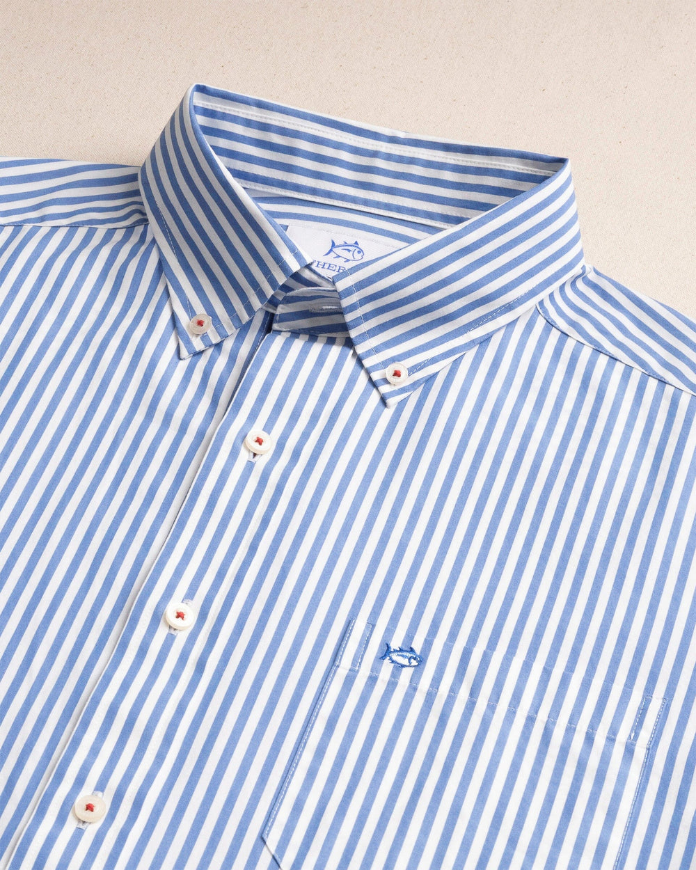 The detail view of the Southern Tide Gulfstream Stripe Sport Shirt by Southern Tide - Blue