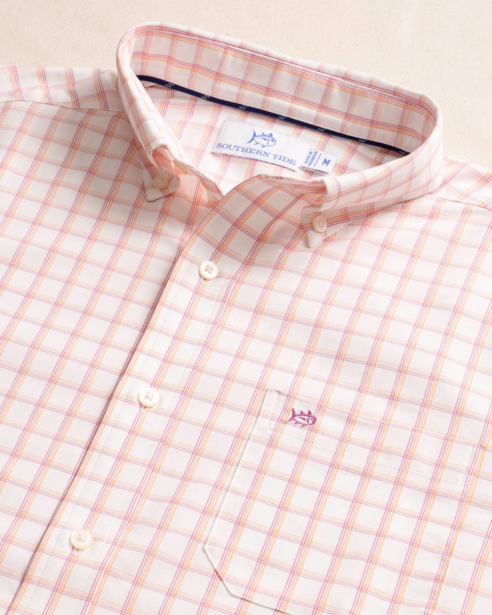 The detail view of the Southern Tide Habersham Plaid Intercoastal Long Sleeve Sport Shirt by Southern Tide - Cantaloupe