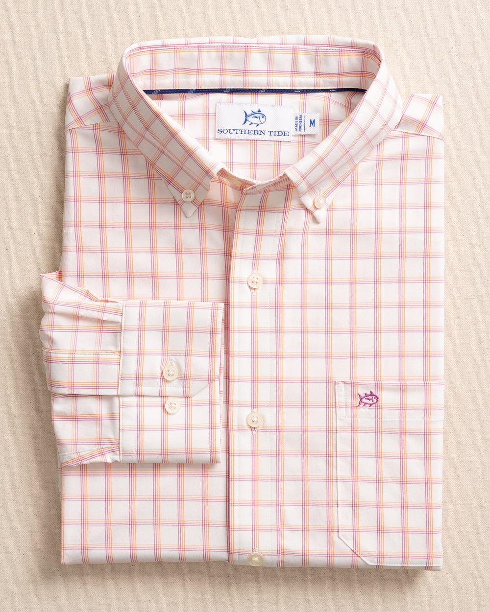 The front view of the Southern Tide Habersham Plaid Intercoastal Long Sleeve Sport Shirt by Southern Tide - Cantaloupe