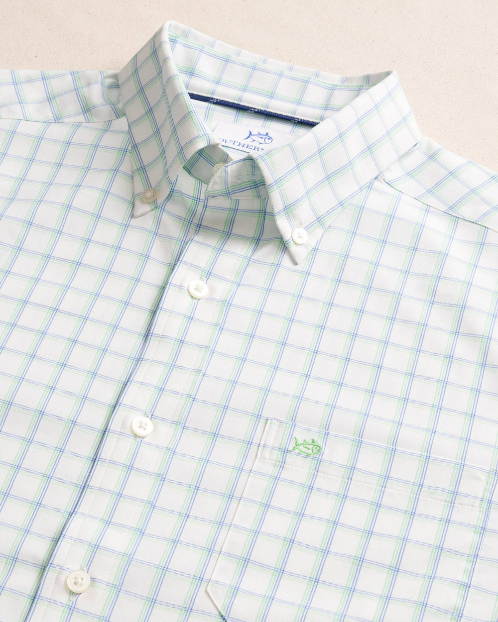 The detail view of the Southern Tide Habersham Plaid Intercoastal Long Sleeve Sport Shirt by Southern Tide -  Jade Green