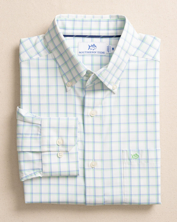 The front view of the Southern Tide Habersham Plaid Intercoastal Long Sleeve Sport Shirt by Southern Tide -  Jade Green