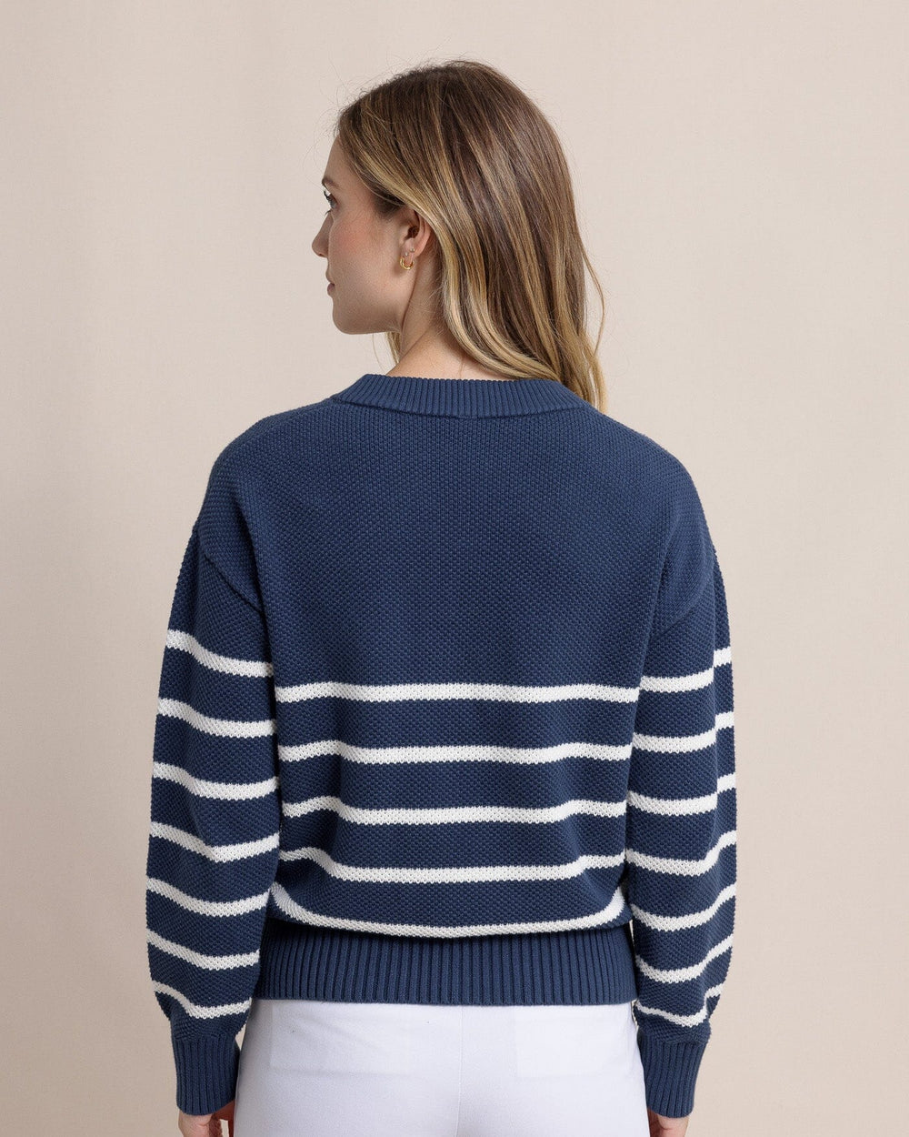 The back view of the Southern Tide Haisley Stripe Crew Neck Sweater by Southern Tide - Dress Blue