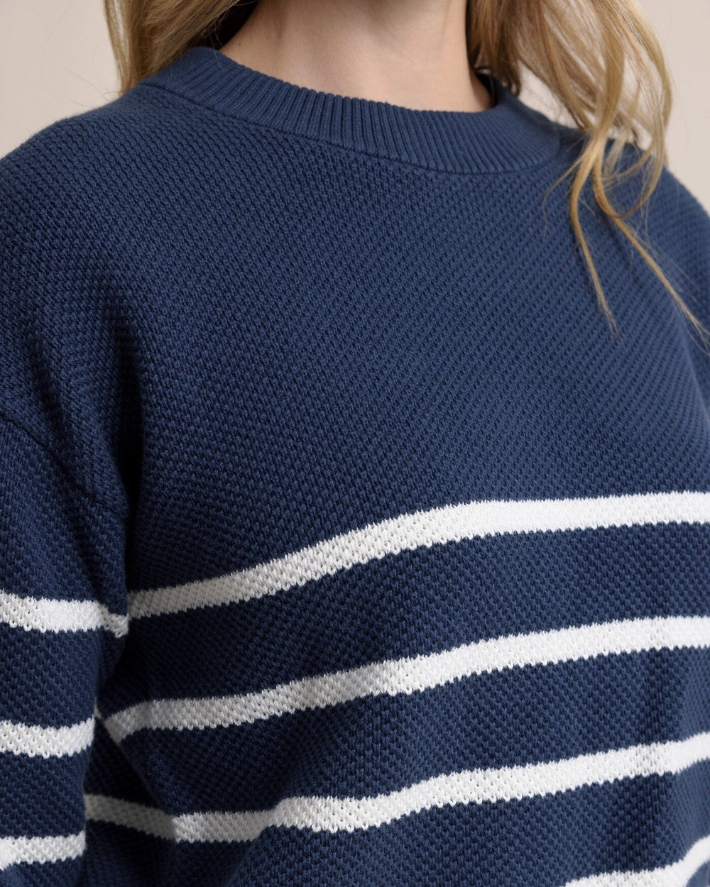 The detail view of the Southern Tide Haisley Stripe Crew Neck Sweater by Southern Tide - Dress Blue