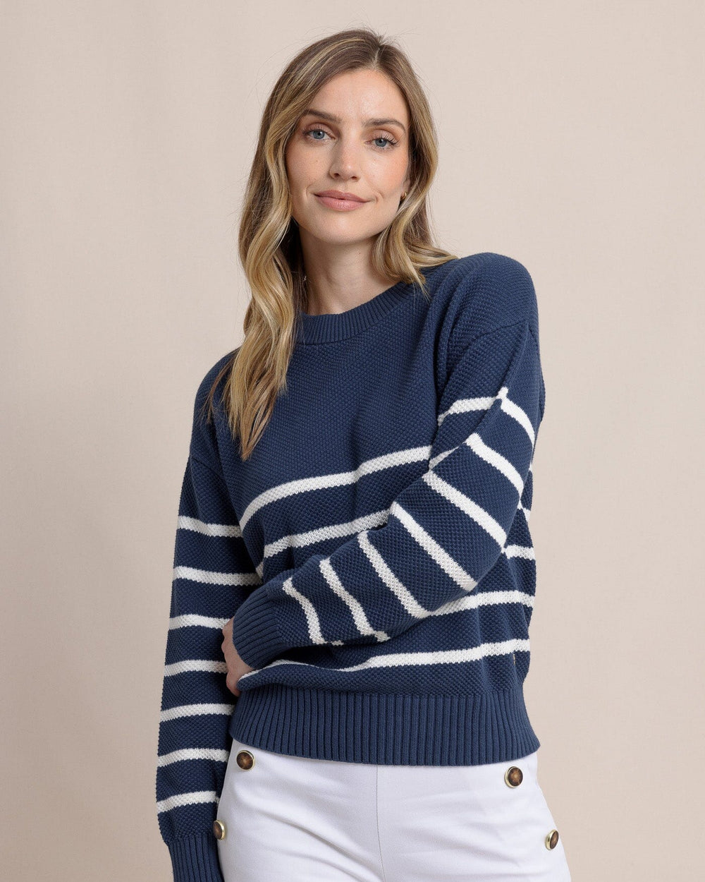 The front view of the Southern Tide Haisley Stripe Crew Neck Sweater by Southern Tide - Dress Blue