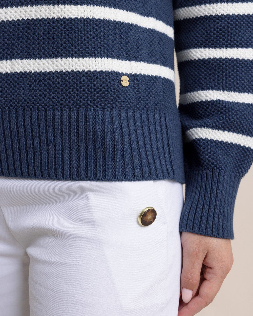 The hem view of the Southern Tide Haisley Stripe Crew Neck Sweater by Southern Tide - Dress Blue