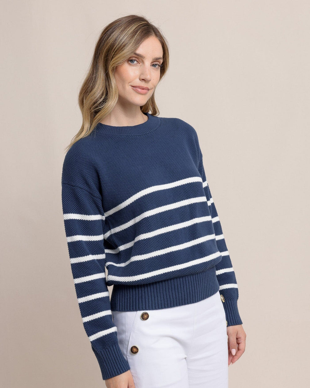 The side view of the Southern Tide Haisley Stripe Crew Neck Sweater by Southern Tide - Dress Blue