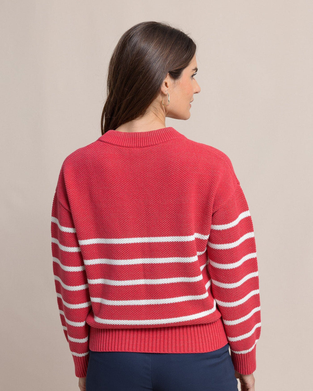 The back view of the Southern Tide Haisley Stripe Crew Neck Sweater by Southern Tide - Raspberry Wine