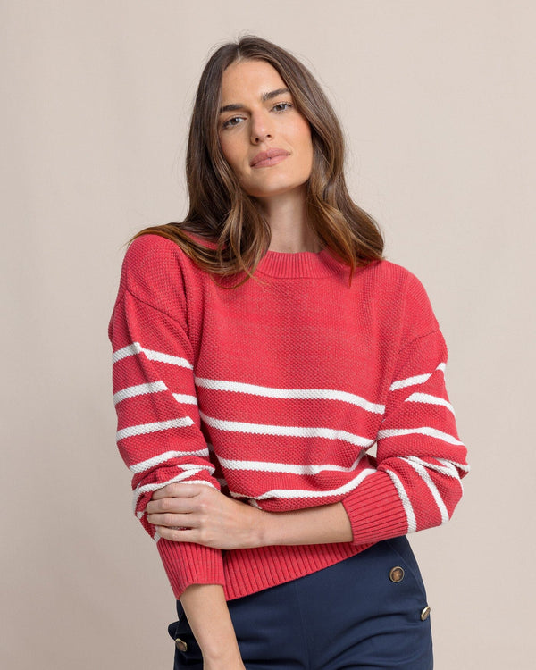 The front view of the Southern Tide Haisley Stripe Crew Neck Sweater by Southern Tide - Raspberry Wine