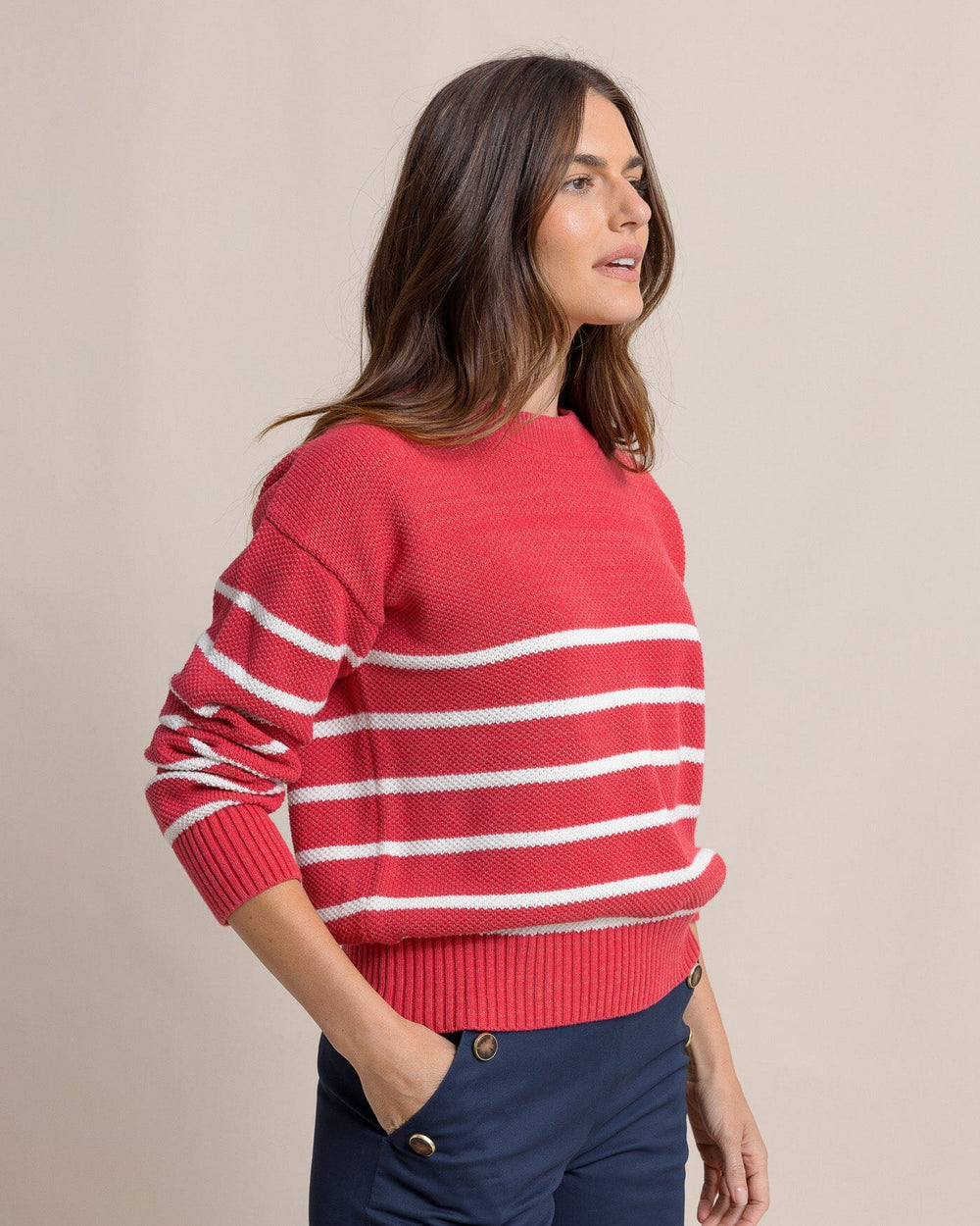 The side view of the Southern Tide Haisley Stripe Crew Neck Sweater by Southern Tide - Raspberry Wine