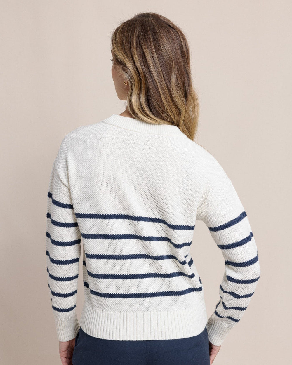 The back view of the Southern Tide Haisley Stripe Crew Neck Sweater by Southern Tide - Sand White