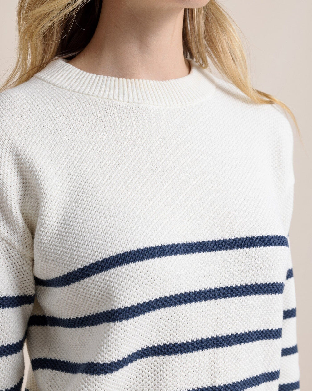 The detail view of the Southern Tide Haisley Stripe Crew Neck Sweater by Southern Tide - Sand White