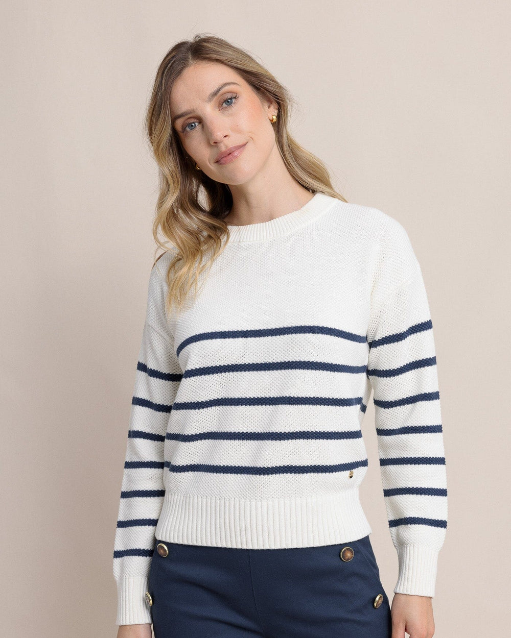 The front view of the Southern Tide Haisley Stripe Crew Neck Sweater by Southern Tide - Sand White