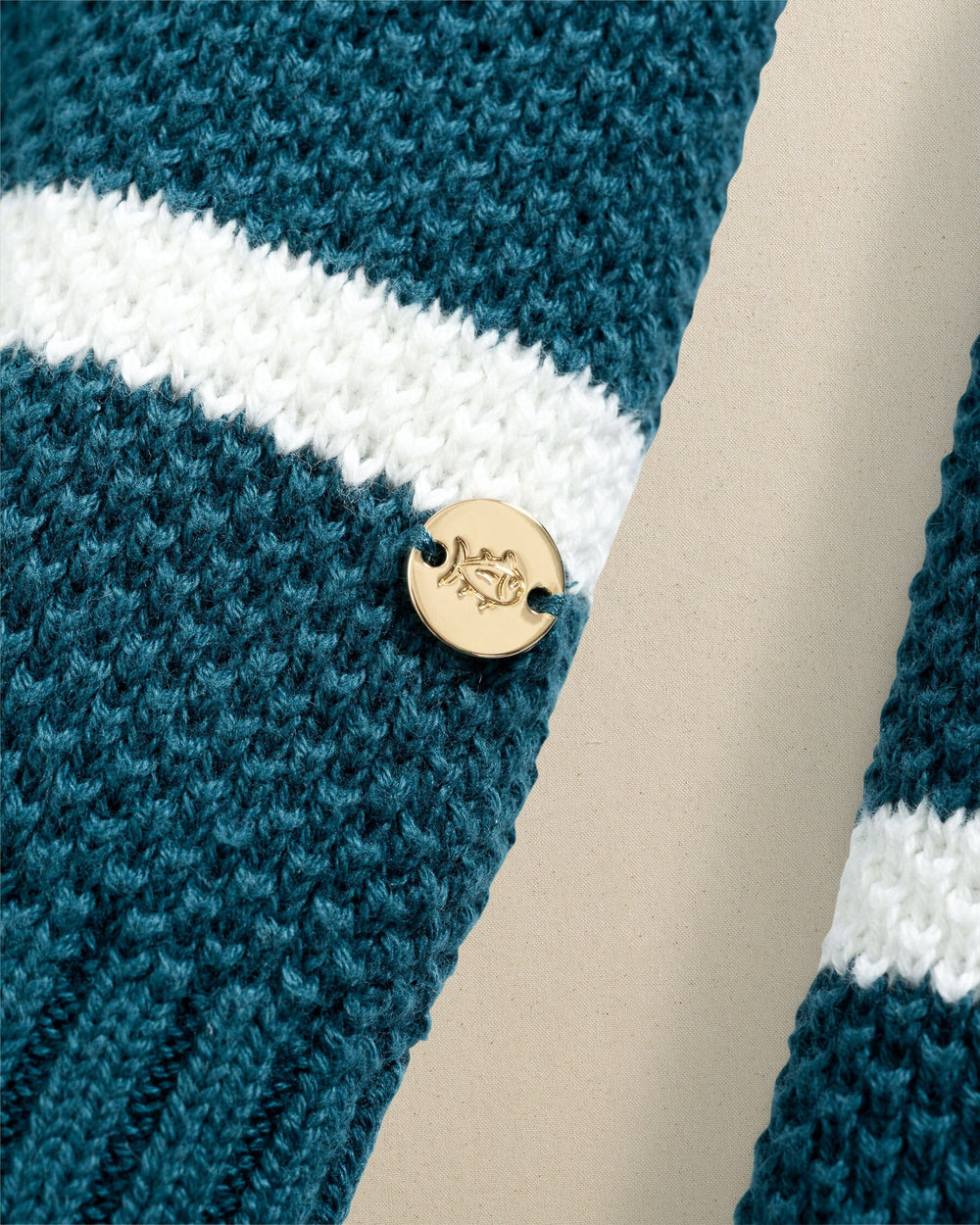 The detail view of the Southern Tide Haisley Stripe Crew Neck Sweater by Southern Tide - Teal Haze