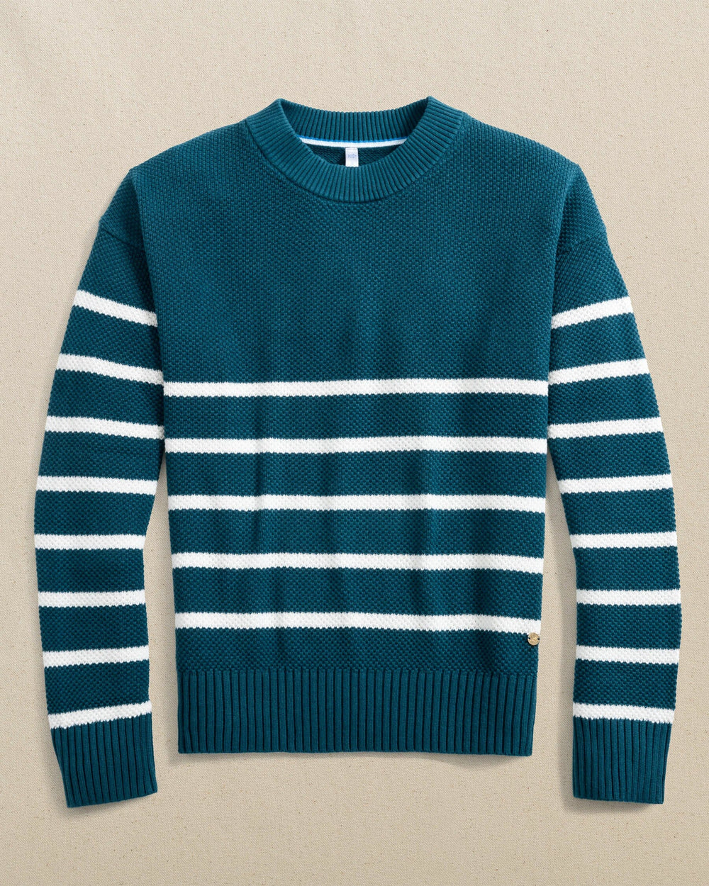 The front view of the Southern Tide Haisley Stripe Crew Neck Sweater by Southern Tide - Teal Haze