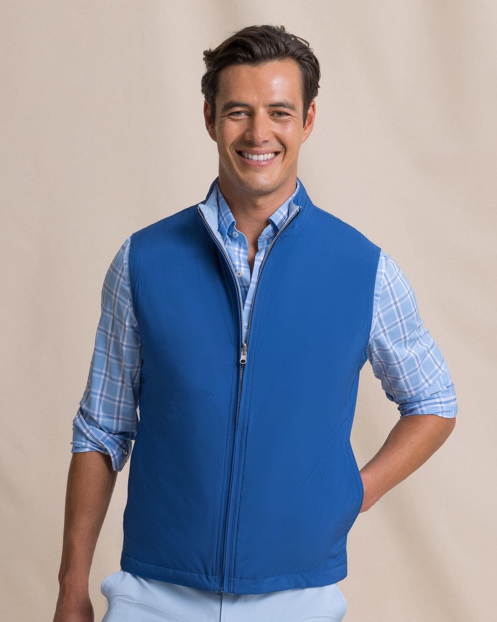 The front view of the Southern Tide Harbor Reversible Vest by Southern Tide - Nautical Blue