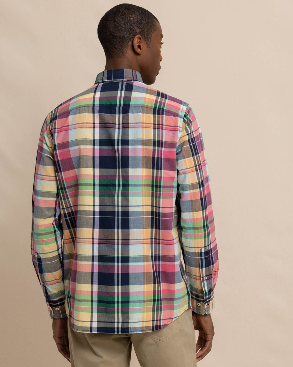 The back view of the Southern Tide Harkers Island Madras Plaid Long Sleeve Sport Shirt by Southern Tide - Dress Blue