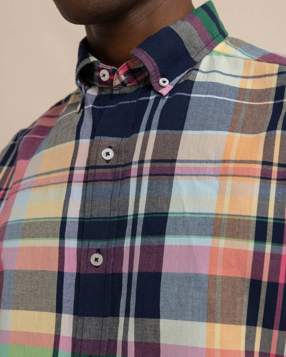 The detail view of the Southern Tide Harkers Island Madras Plaid Long Sleeve Sport Shirt by Southern Tide - Dress Blue