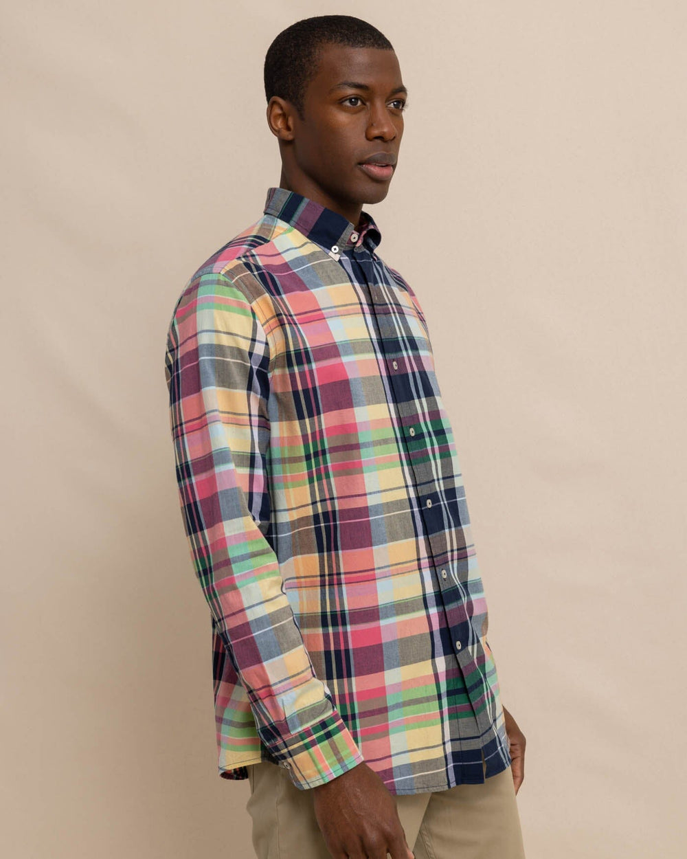 The front view of the Southern Tide Harkers Island Madras Plaid Long Sleeve Sport Shirt by Southern Tide - Dress Blue