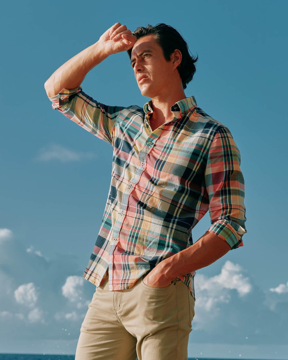 The front view of the Southern Tide Harkers Island Madras Plaid Long Sleeve Sport Shirt by Southern Tide - Dress Blue