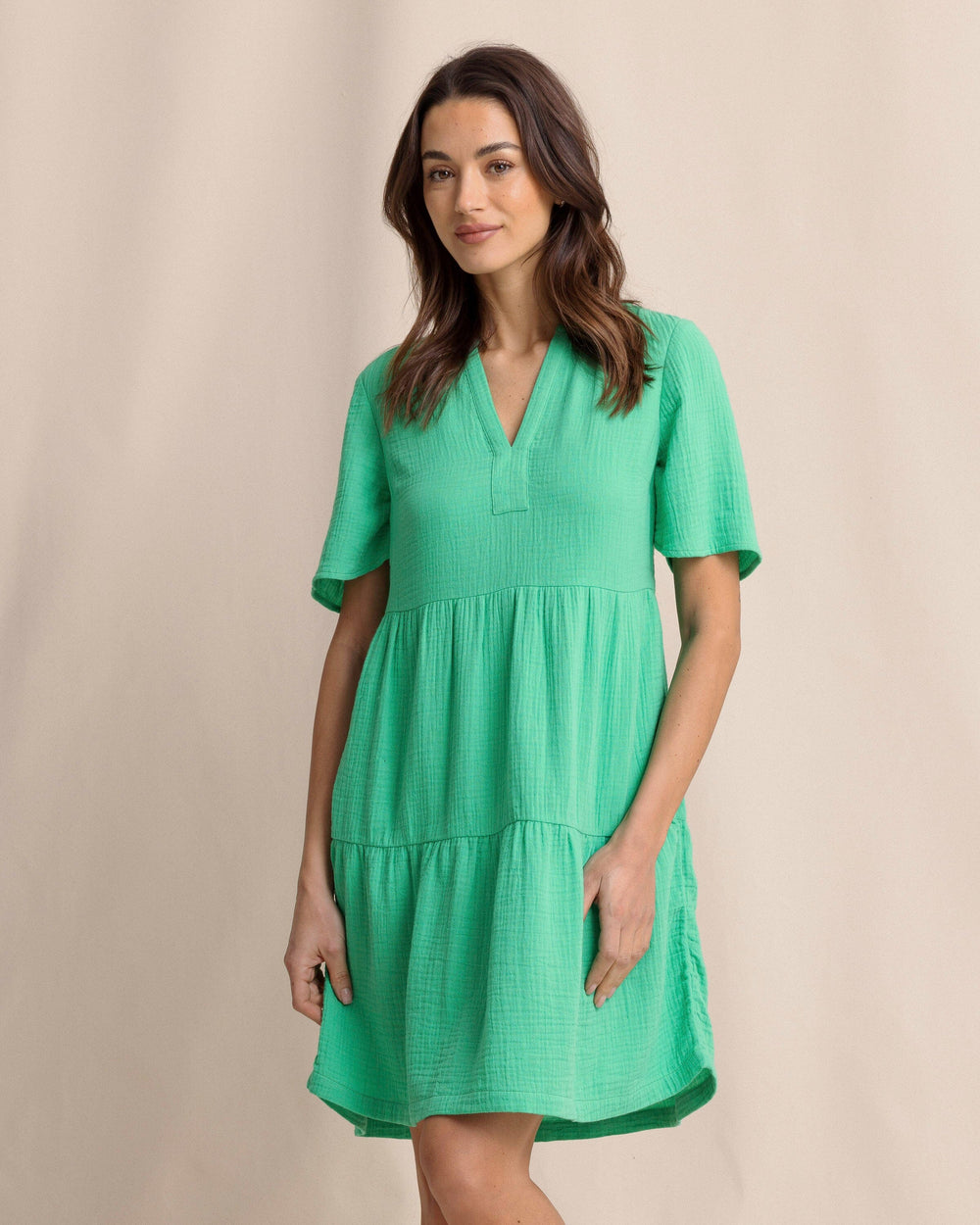 The front view of the Southern Tide Harper Short Sleeve Dress by Southern Tide - Simply Green