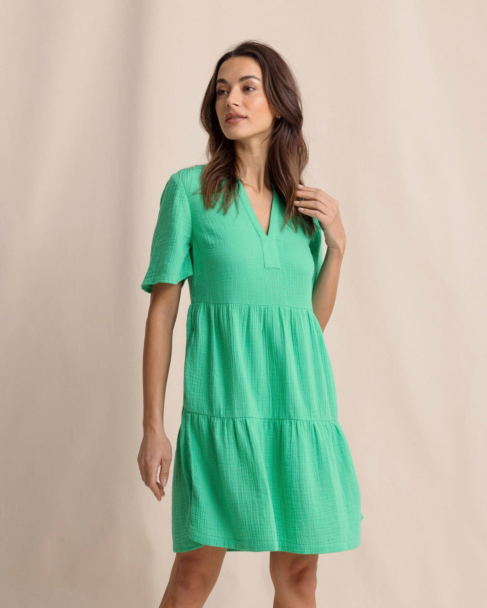 The front side view of the Southern Tide Harper Short Sleeve Dress by Southern Tide - Simply Green