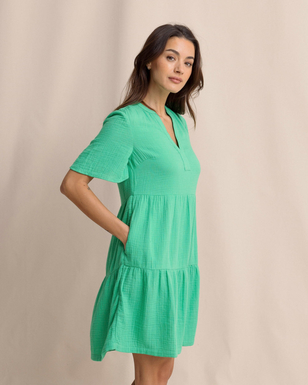 The side view of the Southern Tide Harper Short Sleeve Dress by Southern Tide - Simply Green