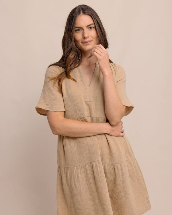 The front view of the Southern Tide Harper Short Sleeve Dress by Southern Tide - Travertine