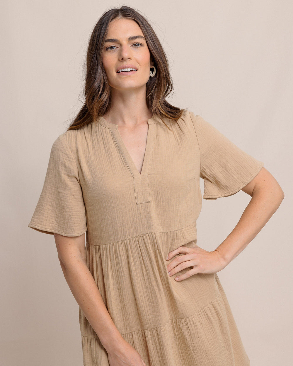 The front detail view of the Southern Tide Harper Short Sleeve Dress by Southern Tide - Travertine